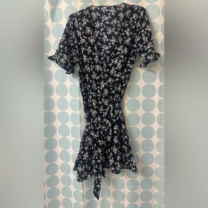 Women's Wrap Mini Floral Dress with Belt, Navy blue, Size L